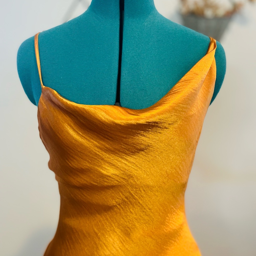 NWT ASOS Gold Asymmetrical Slip Silky Dress Spaghetti Strap - Picture 2 of 4